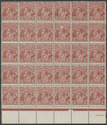 99 2d red-brown block of 30 from the lower-left of the sheet with Horned Emu and Irregular Left-Hand Frame BW #99(2)d & e, well centred, one normal unit with a surface abrasion, most units - including both varieties - are unmounted, Cat $600++.