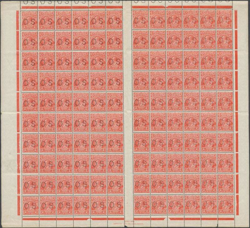 of PUNCTURED 'OS': 2d scarlet Die II BW #100ba Plate 2 complete sheet of 120 with listed varieties #100(2)d to m, some minor perf separation & a little aged, unmounted, Cat $14,000+.