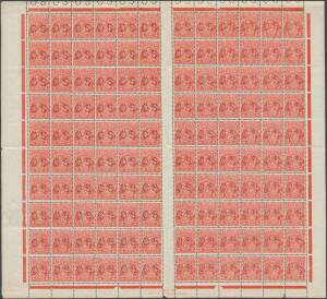 of PUNCTURED 'OS': 2d scarlet Die II BW #100ba Plate 2 complete sheet of 120 with listed varieties #100(2)d to m, some minor perf separation & a little aged, unmounted, Cat $14,000+.