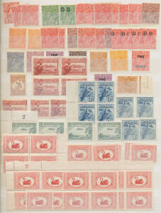Stockbook of duplicates with a few KGV Heads, Kingsford Smith x8 sets, ANZAC x2 sets, Jubilee 2/- x4, SA Centenary imprint blocks of 4, KGVI imprint blocks, etc, condition variable. (100s)