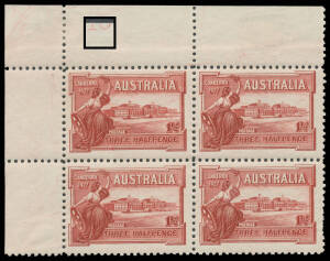 1927 Canberra 1&frac12;d lake with the lower-half of Plate Number '10' BW #132zi, the lower units lightly mounted otherwise unmounted, Cat $1250 (mounted). [Of Plate Number '10' the ACSC states that 25 blocks are recorded]