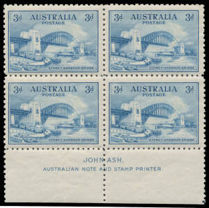 1932 Sydney Harbour Bridge 3d blue imprint block of 4 with "Plate Dot" at lower-right, unmounted. [Dots of this nature are found on sheets of the 1/- Large Lyrebird. In the past they have been referred to as Plate Dots but it is now believed they were act