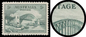 1932 Sydney Harbour Bridge 5/- green with Retouch over Centre of Bridge BW #148d, well centred, CTO with large-part o.g., Cat $750.