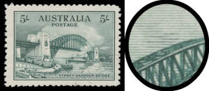 1932 Sydney Harbour Bridge 5/- green with Retouch over Left-Centre of Bridge BW #148e, CTO, Cat $750.