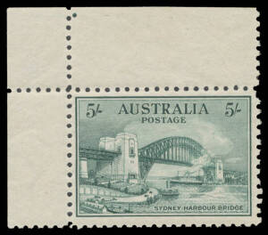 1932 Sydney Harbour Bridge 5/- green upper-left corner single from Sheet A with the Plate Dot BW #148za, unmounted, Cat $3000 (mounted). [John Blomfield's lightly mounted example sold at our auction of 5.3.2015 for $1345]