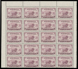 1934 Macarthur 9d violet upper-left corner block of 20 (4x5), unmounted, Cat $1800+. Large blocks are very scarce.