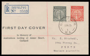 1935 ANZAC 2d & 1/- with Perth cds of 18MR35 on Mitchell printed FDC, registered. Superb!