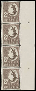 1948-56 No Watermark 2/- Aboriginal Art vertical strip of 4 from the right of the sheet with almost complete Plate Number '9' BW #264zc, the central units are unmounted, Cat $2500.
