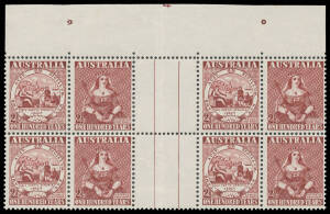 1950 Stamp Centenary 2&frac12;d maroon se-tenant gutter block of 8 (4x2) from the top of the sheet with large-part Plate Number ' 4 ' BW #279zc, folded in the gutter, unmounted, Cat $2000 (mounted).