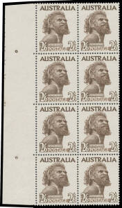 1952-65 Aborigine 2/6d marginal block of 8 (2x4) from the left of the sheet with large-part Plate Number 'XXXXX 2 ' BW #266z, two units very lightly mounted otherwise unmounted, Cat $3000 (mounted). [The ACSC states "several examples are recorded"]