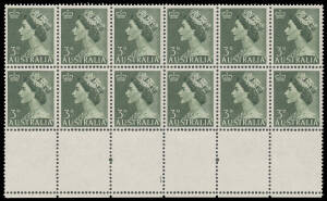 1953-56 QEII Definitives 3d deep green Coil Perf block of 12 (6x2) from the base of the sheet with complete Plate Number ' 1 ' at the base BW #295za, Aberrant Perfs in the Margin, excellent centring, three units very lightly mounted otherwise unmounted, C