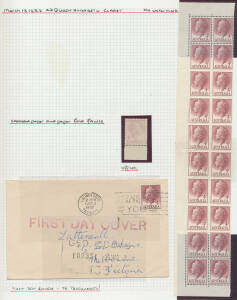 1957 QEII 4d red-purple specialised annotated study including a page of used singles with varieties, many large blocks & seven complete sheets of 120 with a number of retouches, recuts & scratches identified, also marginal single with Complete Offset, a b