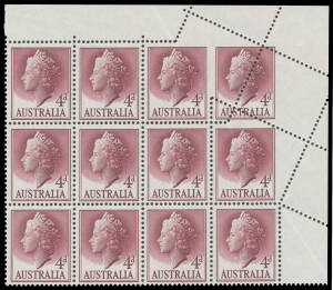 1957 QEII 4d red-purple upper-right corner block of 12 (4x3) with three units affected by a Pre-Perforating Paper Fold resulting in those three units being largely Imperforate at Top or Right, unmounted. A striking error that is not listed in the ACSC.