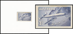1958 QANTAS 2/- dull blue die proof in the issued colour recessed in presentation mount BW #340DP(1) with boxed CBA Note Printing Branch h/s on the reverse endorsed " 17 /20.8.57", Cat $3500; also a block of 9 of the issued stamp showing the Re-Entry to 