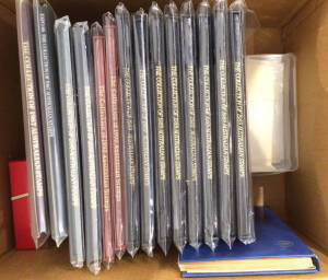 Australia Post yearbooks 1987, 1988 (Expo), 1989 Executive edition x8, 1990 Executive x2 & Deluxe x2, 1990-91 Framas, Booklet & Self Adhesives x7, also small album with mint stamps, 64 page stockbook with some Israeli stamps, plus some World in envelopes 