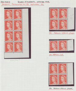 Specialised annotated studies 1) QEII 4c scarlet principally blocks of 20 (10x2) from the top or base of sheets & mostly with Plate Numbers between '16' & '28' - Cat $30 each (2002) - plus other blocks with retouches etc; and 2) 1975 Flowers annotated stu