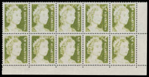 1966-71 Definitives QEII 2c olive-green with Complete Strong Offset BW #437c lower-left corner block of 10 (5x2), unmounted, Cat $1000+. Much scarcer than on other values in this series.