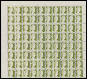 1966-71 Definitives QEII 2c olive-green with Complete Strong Offset BW #437c large-part sheet of 80 (10x8), unmounted, Cat $8000+. Spectacular & by far the largest recorded piece of this error.