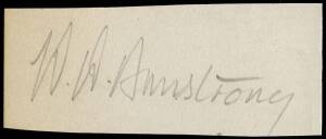 WARWICK ARMSTRONG, superb pencil signature on piece. [Warwick Armstrong played 50 Tests 1901-21, including 10 as Australian captain].