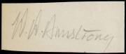 WARWICK ARMSTRONG, superb pencil signature on piece. [Warwick Armstrong played 50 Tests 1901-21, including 10 as Australian captain].