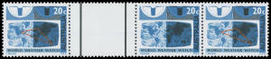 1968 World Weather Watch 20c with Red Printing (Triangle) Completely Omitted in gutter strip of 3 BW #481ca (SG 418b), unmounted, Cat $3500 (2002); &pound;4250. [The ACSC states this error occurred on the last column on the left-hand pane; it is obviously from 