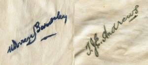 TABLECLOTH WITH EMBROIDERED AUTOGRAPHS: Tablecoth with 16 embroidered signatures of 1926 Australian team, including Herbie Collins, Warren Bardsley, Charlie Macartney, Johnny Taylor, Bill Woodfull, Jack Ryder, Bert Oldfield & Clarrie Grimmett. Fair/Good c