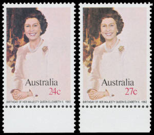 1982 Queen's Birthday as the issued 27c - included for comparison - but denominated 24c BW #949E(1), unmounted, Cat $5000 (2002). A great modern rarity. [The ACSC classifies this stamp as an "essay". We consider this to be a mistake. The initial printing 