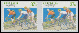 1989 Non-Olympic Sports Cycling as the issued 41c - included for comparison - but denominated 37c BW #1379E(1) horizontal "pair", unmounted, Cat $12,000 (2002). A world-class rarity in the fields of self-adhesive stamps, and "Cycling". [The ACSC classifie