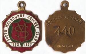 SOUTH MELBOURNE CRICKET CLUB, 1932-33 membership badge, made by J.W.Purvis, No.440. Believed to be ex Jack Worrall.