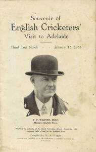 1932-33 BODYLINE TOUR: "Souvenir of English Cricketers' Visit to Adelaide. Third Test Match. January 13, 1933", scarce programme [Adelaide, 1933]. Fair condition (missing covers).