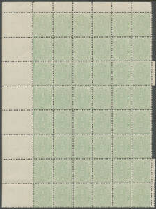 1907 Crown/Double-Lined A &frac12;d dull green with the Watermark Inverted (as usual) BW #D56 marginal block of 48 from the top of the left-hand pane (6x8), some minor perf separation/rejoining, most units are unmounted, Cat $3000++.