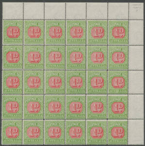 1922-30 Third Watermark 1d carmine & yellow-green BW #D106 complete right-hand pane of 60 (6x10) divided into two blocks of 30, plus lower-half of the left-hand pane, with listed varieties, most units are unmounted, Cat $1800++. (3 blocks)