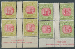 1922-30 Third Watermark 1½d carmine & bright yellow-green AJ Mullett Imprint block of 4 (lower units unmounted) & 1½d carmine & yellow-green John Ash Imprint block of 4 (unmounted) BW #D107za & zb, Cat $550 (mounted). (2 blocks)