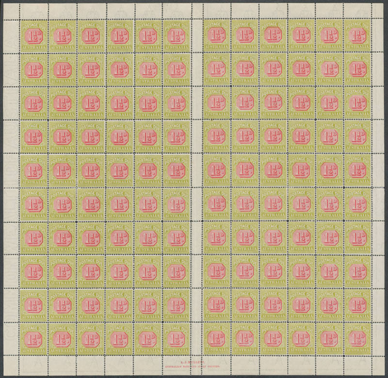 1922-30 Third Watermark 1½d carmine & bright yellow-green AJ Mullett printing (some minor perf separation, most units unmounted) & 1½d carmine & yellow-green John Ash printing (unmounted) BW #D107B & C complete sheets of 120 with full imprints, Cat $3000+