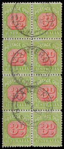 1931-36 CofA Wmk Perf 11 3d BW #D118 (SG D108) block of 8 (2x4) with 'CANTERBURY/9JE38/NSW' cds, Cat $800+ (£560+). A very scarce large multiple.