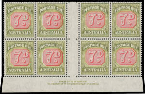 1946-57 Redrawn Frame Plates 7d carmine & yellow-green Authority Imprint block of 8 (4x2) from the Ash Plate with Dot below the Imprint BW #D136zb, well centred, unmounted, Cat $750+. The ACSC states "Rare".