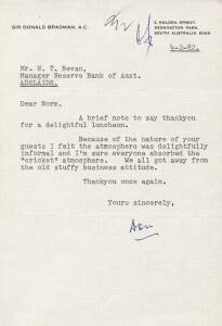 DON BRADMAN, letter dated 4th Feb.1982 to Norm Bevan (manager of the Reserve Bank of Australia) on "Sir Donald Bradman A.C." letterhead, signed "Don".