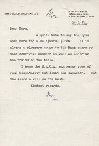 DON BRADMAN, letter dated 24th Feb.1983 to Norm Bevan on "Sir Donald Bradman A.C." letterhead, signed "Don".