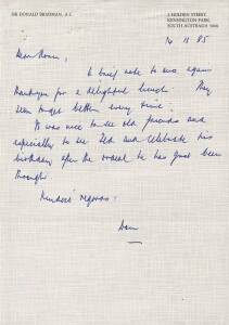 DON BRADMAN, letter dated 14th Nov.1985 to Norm Bevan on "Sir Donald Bradman A.C." letterhead, signed "Don".