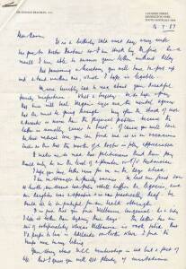 DON BRADMAN, long 2-page hand-written letter dated 16th July.1987 to Norm Bevan on "Sir Donald Bradman A.C." letterhead, signed "Don"; together with envelope in which it was posted. Responding to news that Norm's daughter has suffered horrific injuries in