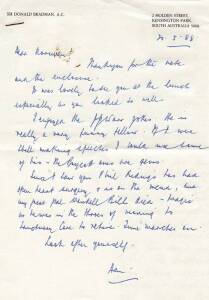 DON BRADMAN, hand-written letter dated 20th May.1988 to Norm Bevan on "Sir Donald Bradman A.C." letterhead, signed "Don". Letter mentions Phil Ridings' open heart surgery, and the death of his great pal Wendell Bill. Together with invitation letter to Don