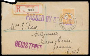 Display pages of Queensland WWI Censor covers with sans serif 'PASSED BY CENSOR.' 95x6mm on underpaid PPC to France & cover to Japan, 77x10mm on registered cover to Jamaica & Printed Matter cover to Holland, 82x10mm on cover to the USA and on cover from J