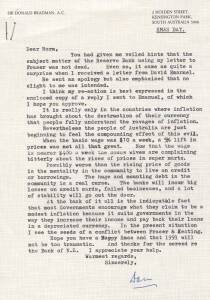 DON BRADMAN, letter dated Xmas Day 1990 to Norm Bevan (manager of Reserve Bank) on "Sir Donald Bradman A.C." letterhead, signed "Don"