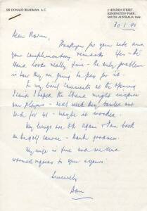 DON BRADMAN, hand-written letter dated 30th Jan.1990 to Norm Bevan on "Sir Donald Bradman A.C." letterhead, signed "Don". Letter mentions the Bradman Stand at Adelaide Oval, "Yes - the stand looks really fine - the only problem is how they are going to pa