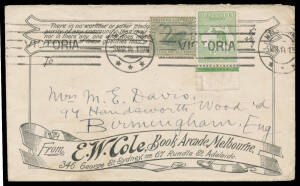 1914 Cole's Book Arcade (Melbourne) cover to England with late combination franking of &frac12;d Roo + WA &frac12;d tied by Melbourne machine cancel, minor blemishes.