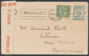 1915-18 censor covers from Queensland to Switzerland (a dealer's cover with combination franking of 2d Roo + &frac12;d Queensland), Holland or Denmark, each with red/white 'OPENED BY CENSOR' label, and from Adelaide to Holland with German 'Militarischerseits unt