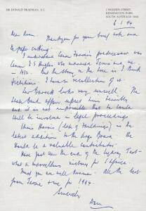 DON BRADMAN, hand-written letter dated 6th Jan.1994 to Norm Bevan on "Sir Donald Bradman A.C." letterhead, signed "Don". Letter mentions "Have just seen the end of the Sydney Test - what a marvellous victory for S.Africa"; together with envelope.