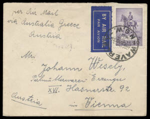 1935 commercial airmail cover to Austria with scarce solo franking of Silver Jubilee 2/- violet tied by 'WAVERLEY/NSW' cds, Athens transit & Vienna arrival b/s. [The rate was 1/9d for air to Brindisi, then by rail; or 2/- by air all the way]