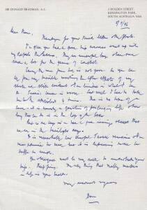 DON BRADMAN, hand-written letter dated 5th July.1996 to Norm Bevan on "Sir Donald Bradman A.C." letterhead, signed "Don", letter mentions the Bedsers, "They are wonderful boys and have done such a lot for the game of cricket"; together with envelope.