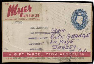 1946 Myer Emporium 5/10d blue Food Parcel Label (slightly trimmed at the base) to Surrey but forwarded to "La Moye/Jersey CI" (Channel Islands), Melbourne parcel roller cancel, a few blemishes.